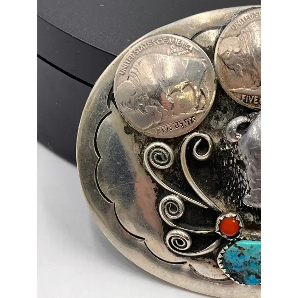 Squaw Wrap Vintage Native American Turquoise Coral Buffalo Nickel Belt‎ Buckle